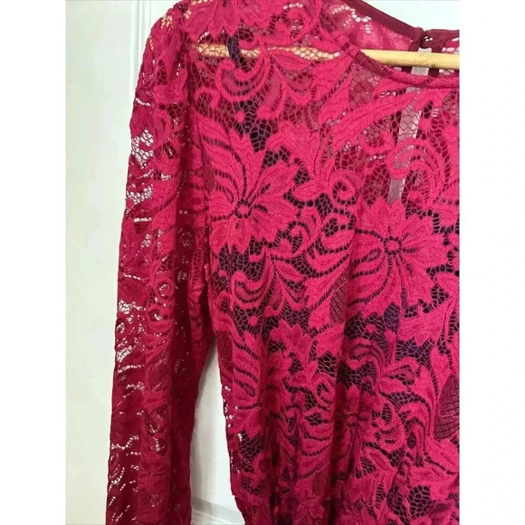 Nikki Poulos Magenta Pink Floral Lace & Blue Lining Size M Stretch Midi Dress - Picture 13 of 16